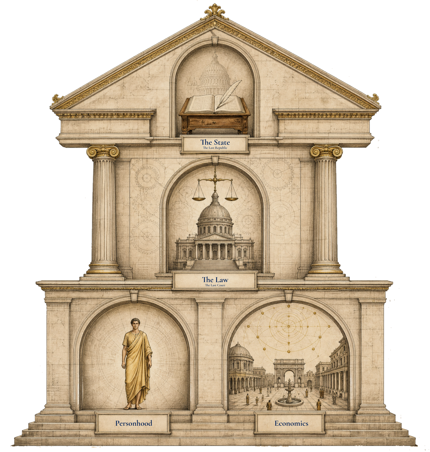 The four works as a single temple: personhood and economics form the two foundations (the registers of being and value); the law builds on both (force); the state crowns all three (rule).