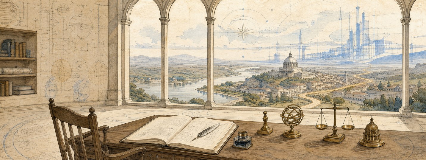 An open book and quill on a desk, overlooking a drafted city