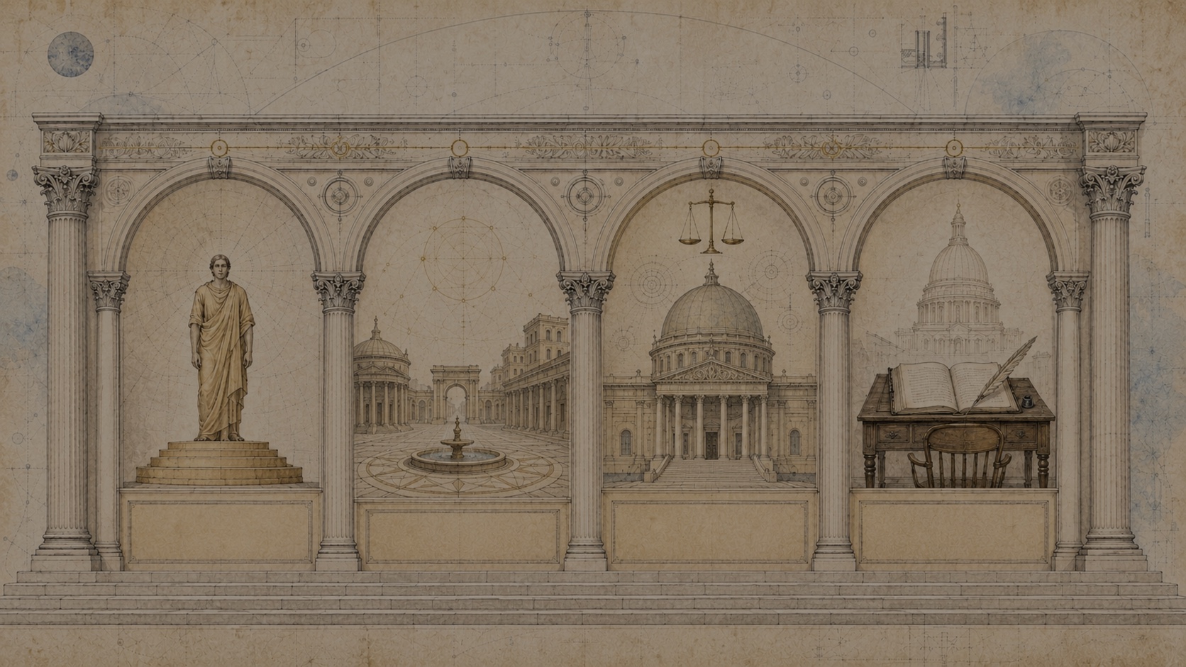 Common Wealth as a four-arch colonnade: Personhood, Economics, The Law, and The State, each an arch in one continuous structure.