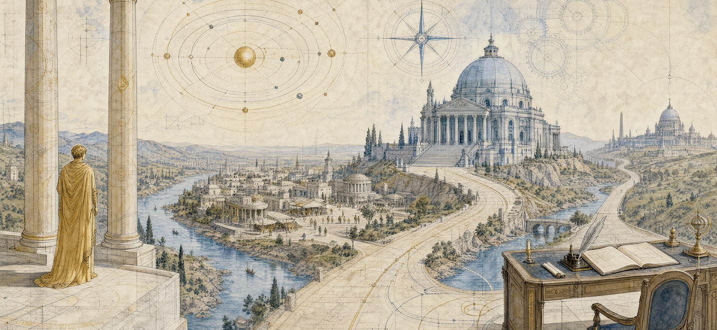 A robed figure on a colonnaded terrace, looking out over a drafted city of domes and rivers