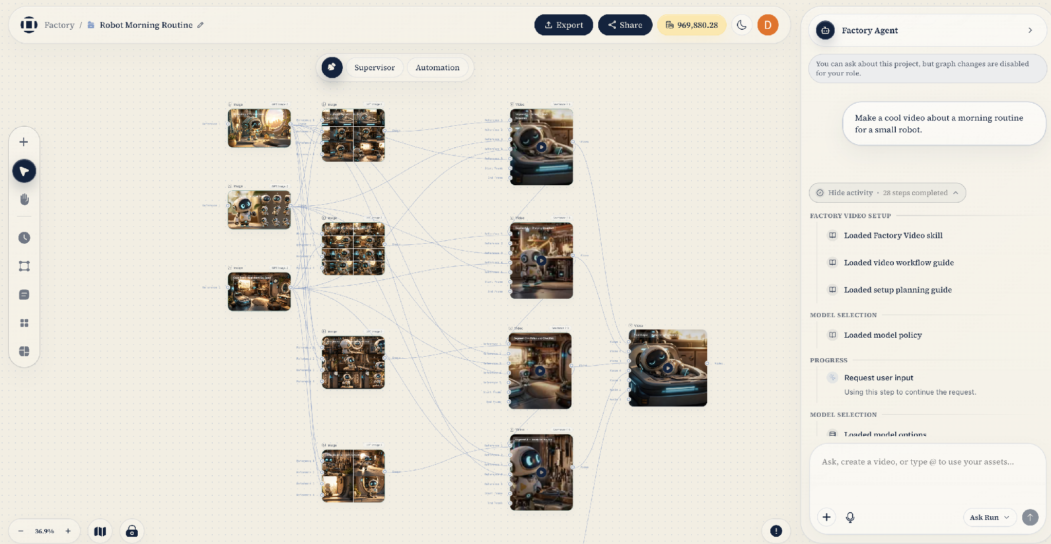 The chat panel streaming the agent's reasoning: it loads the Factory Video skill, workflow guides, and model policy, then pauses to request user input