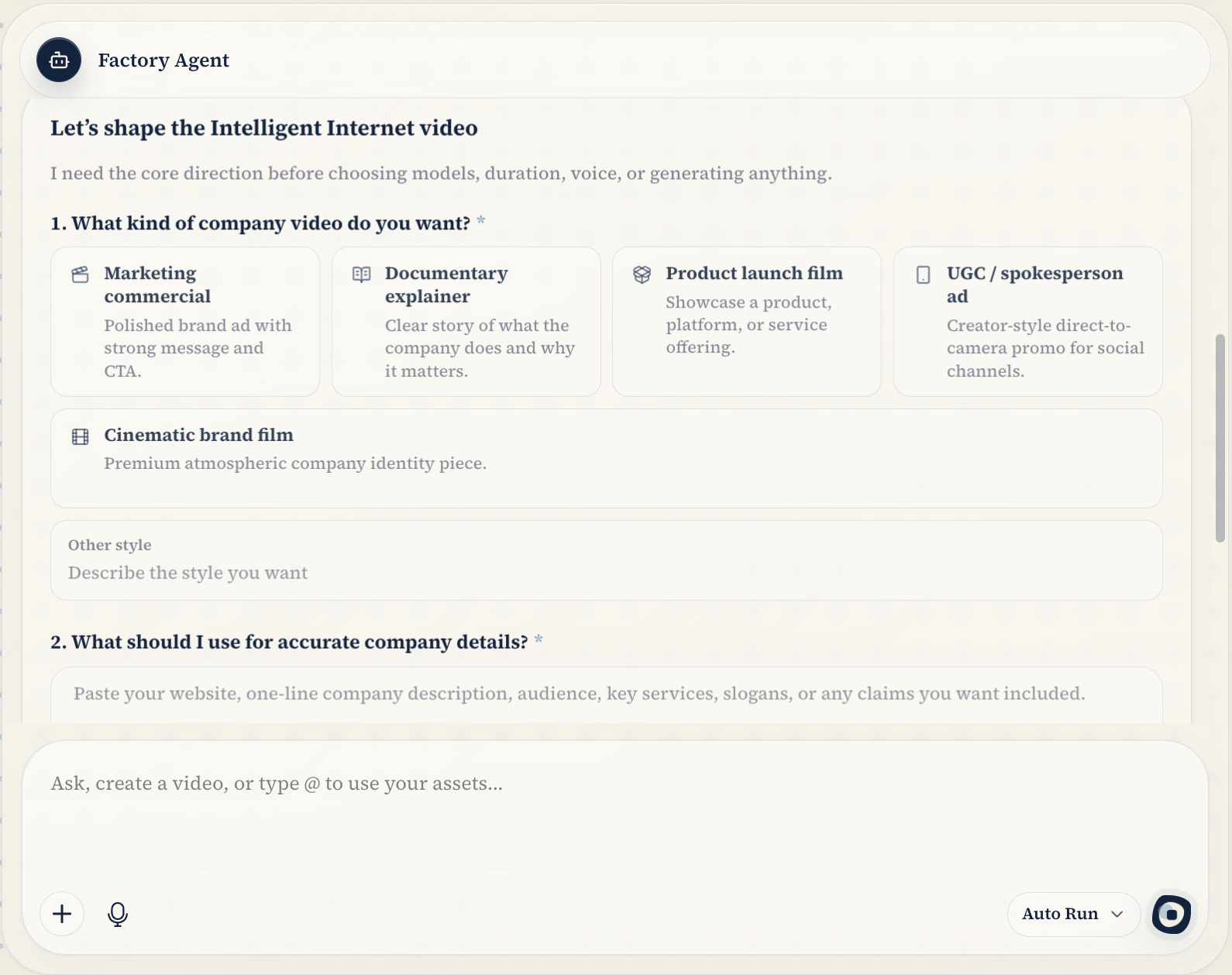 Factory Agent shaping a video brief — it asks about company-video type and source details before choosing models, duration, or voice