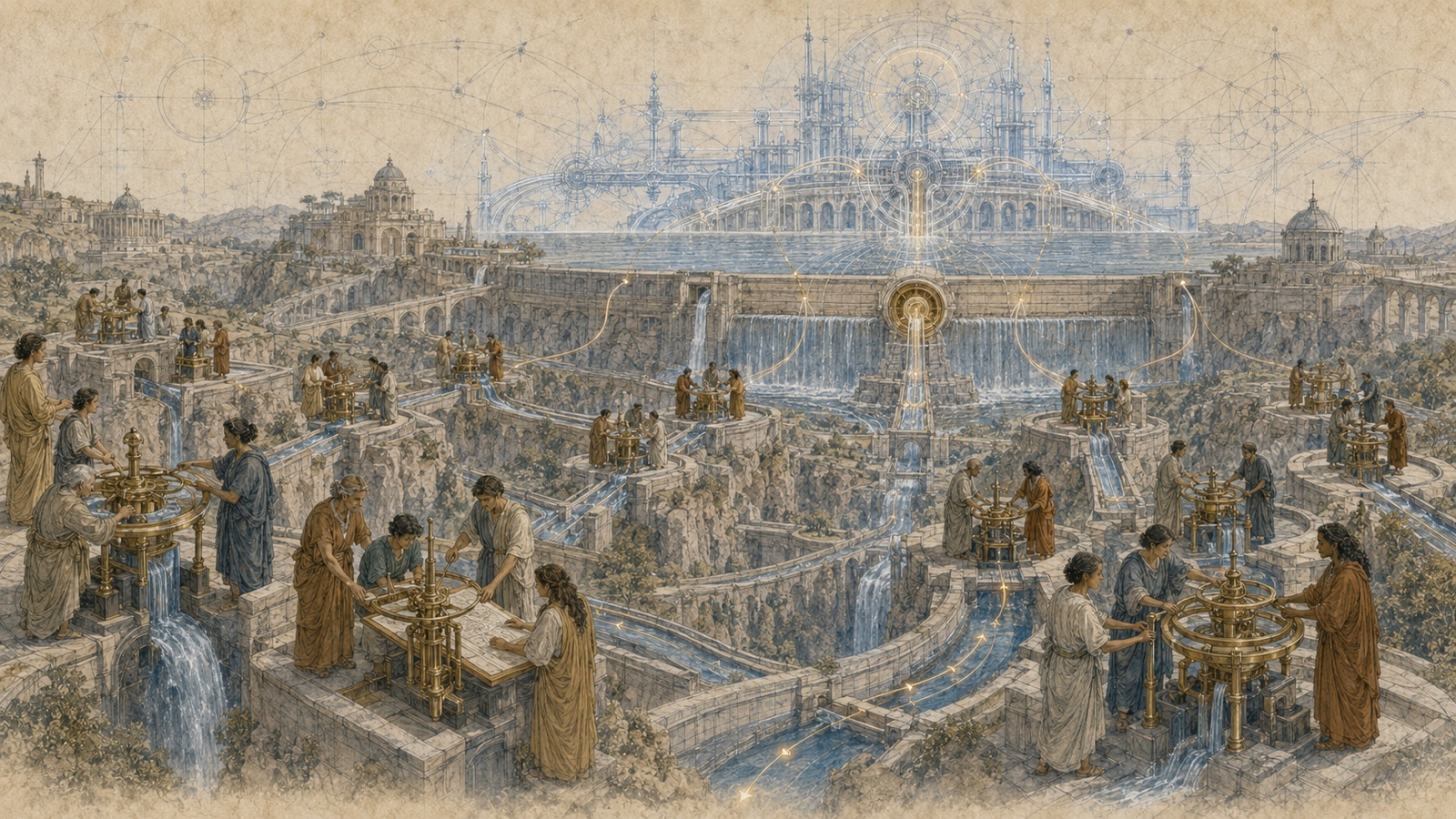 Engineers in robes tending brass gauges along terraced waterways, the flow converging on one golden regulator beneath a drafted city