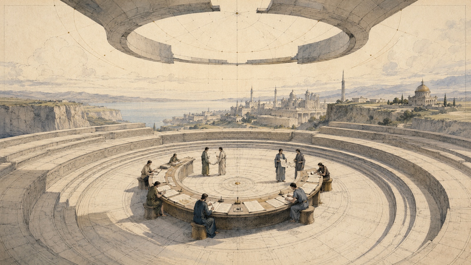 A circular council chamber open to the sky — scribes writing at a ring-shaped table beneath a suspended stone ring, a drafted city and sea beyond